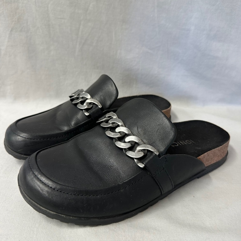 Vionic Georgie Mule Black Leather Chain Detail Slip On Mules Shoes Size 8.5